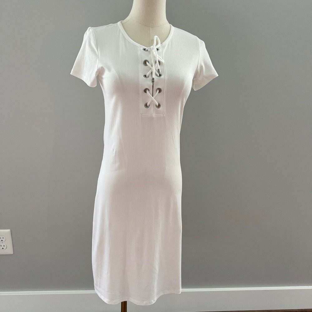 Emporio Armani Swimwear Lace Up Ribbed Knit Resortwear Beach Robe Dress White XS